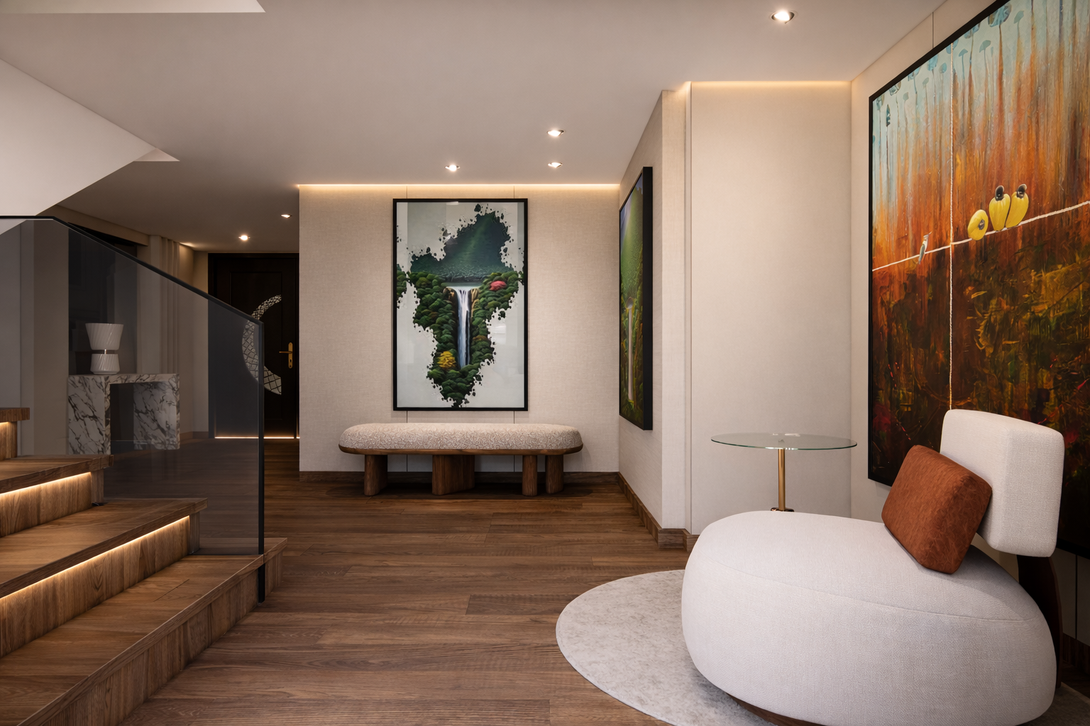 Entry hall with curated art and wood flooring — Altos del Golf