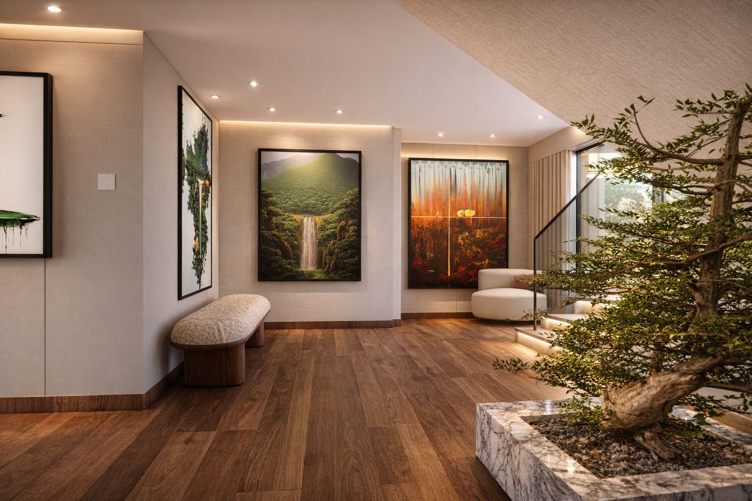 View of the entry hall toward the staircase with an interior tree — Altos del Golf