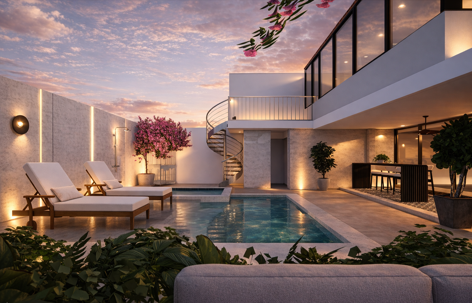 Pool terrace with spiral staircase at dusk — Altos del Golf