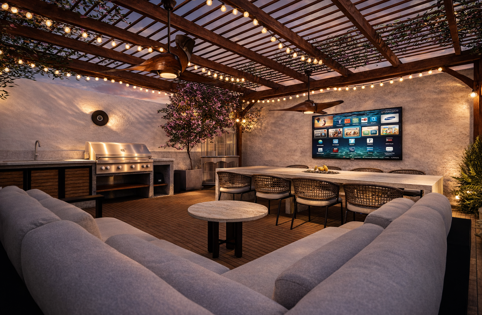 Outdoor lounge under a pergola with a built-in grill kitchen — Altos del Golf