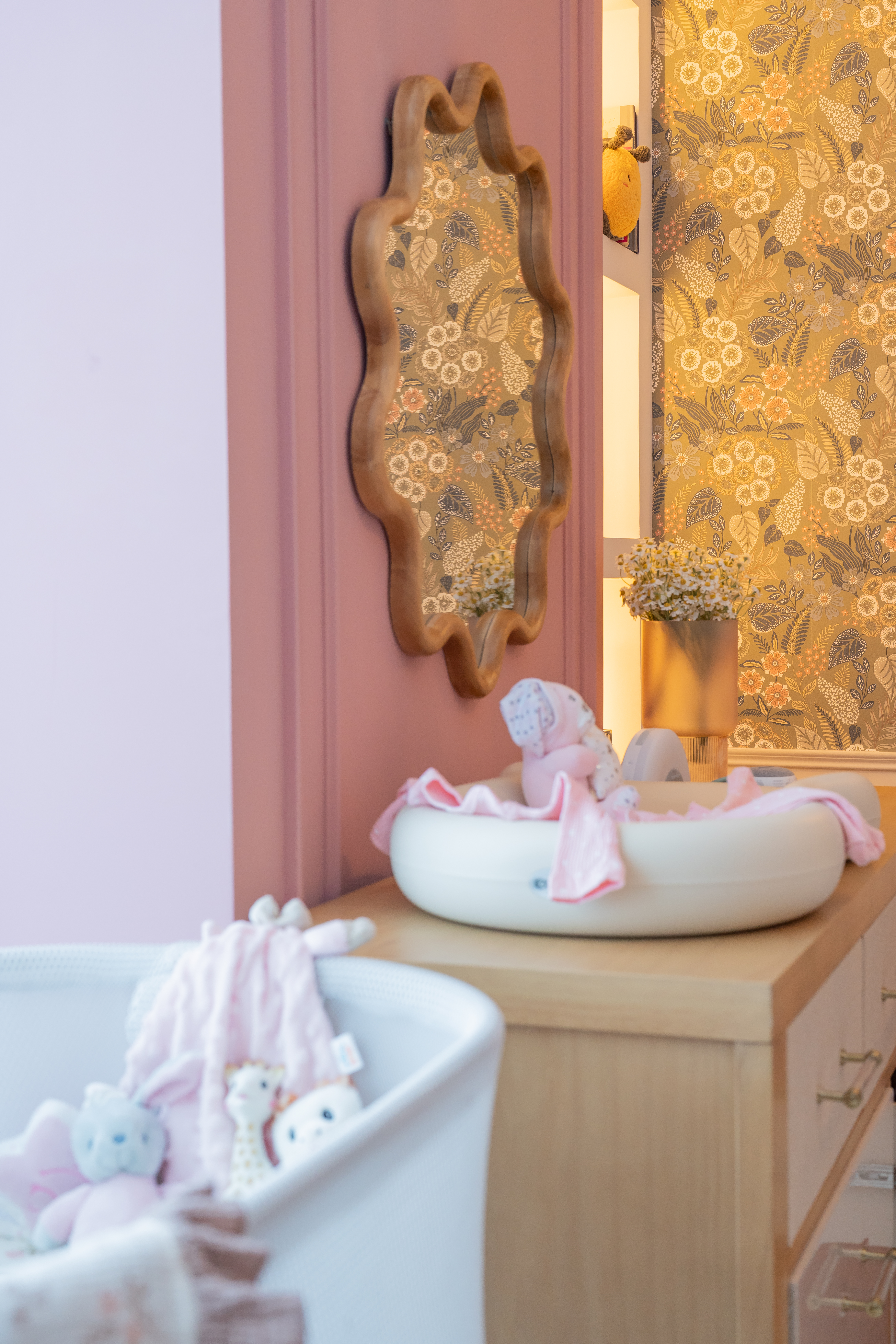 Changing corner with carved wood mirror — Habitación Constanza