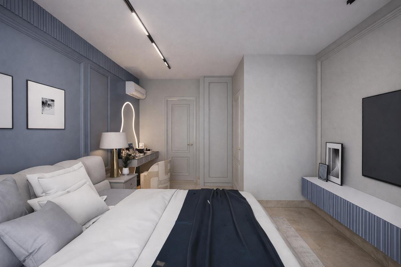 Vista hacia el mueble y la pared de TV — PH Pacific Blue