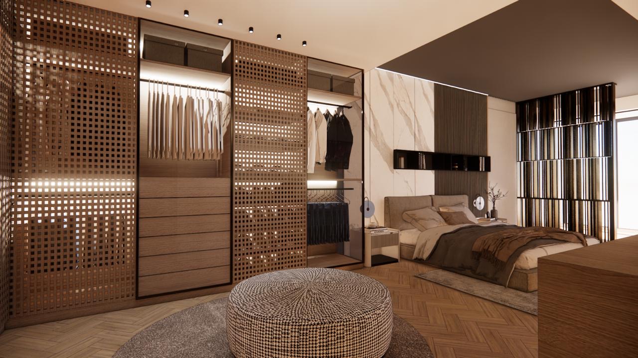 Walking closet en ebanistería con paneles calados retroiluminados — Santa Maria