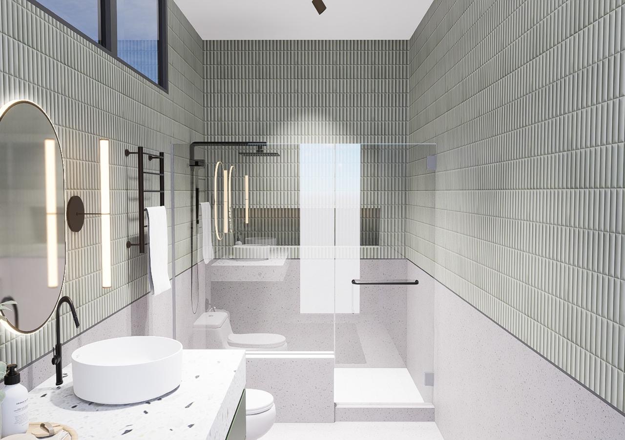 Baño con ducha de cristal templado y porcelanato en lama — Santa Maria