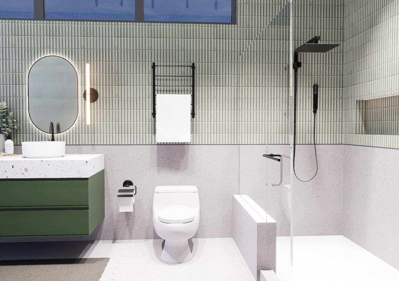 Baño con doble tocador verde y superficie de terrazo — Santa Maria