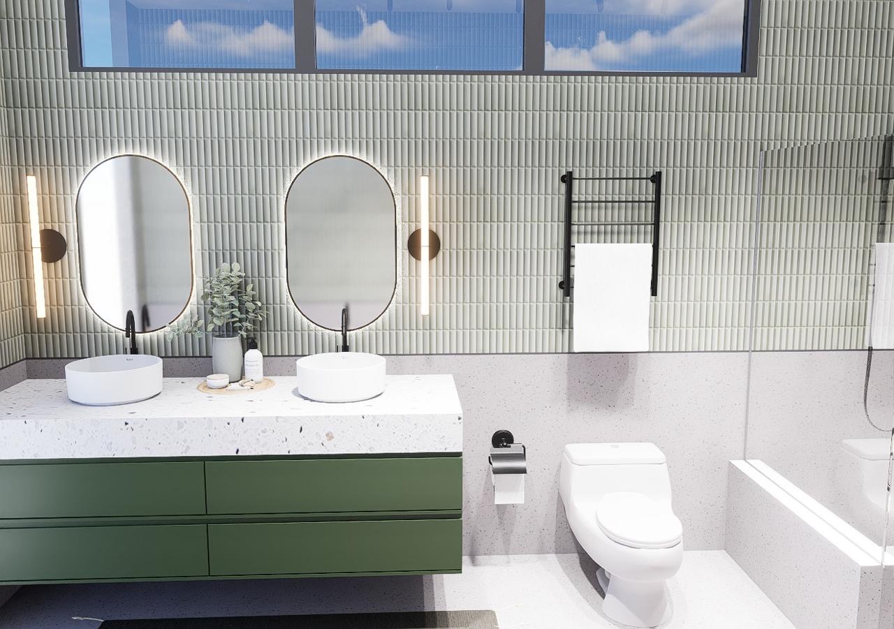 Vista angular del baño con tocador doble y ducha abierta — Santa Maria
