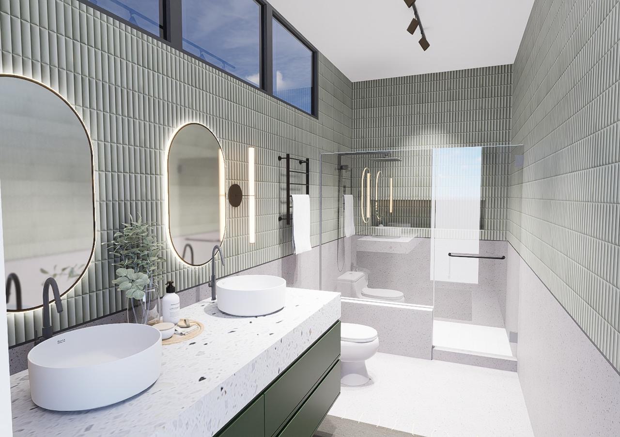 Detalle del tocador con mueble verde y grifería en negro mate — Santa Maria