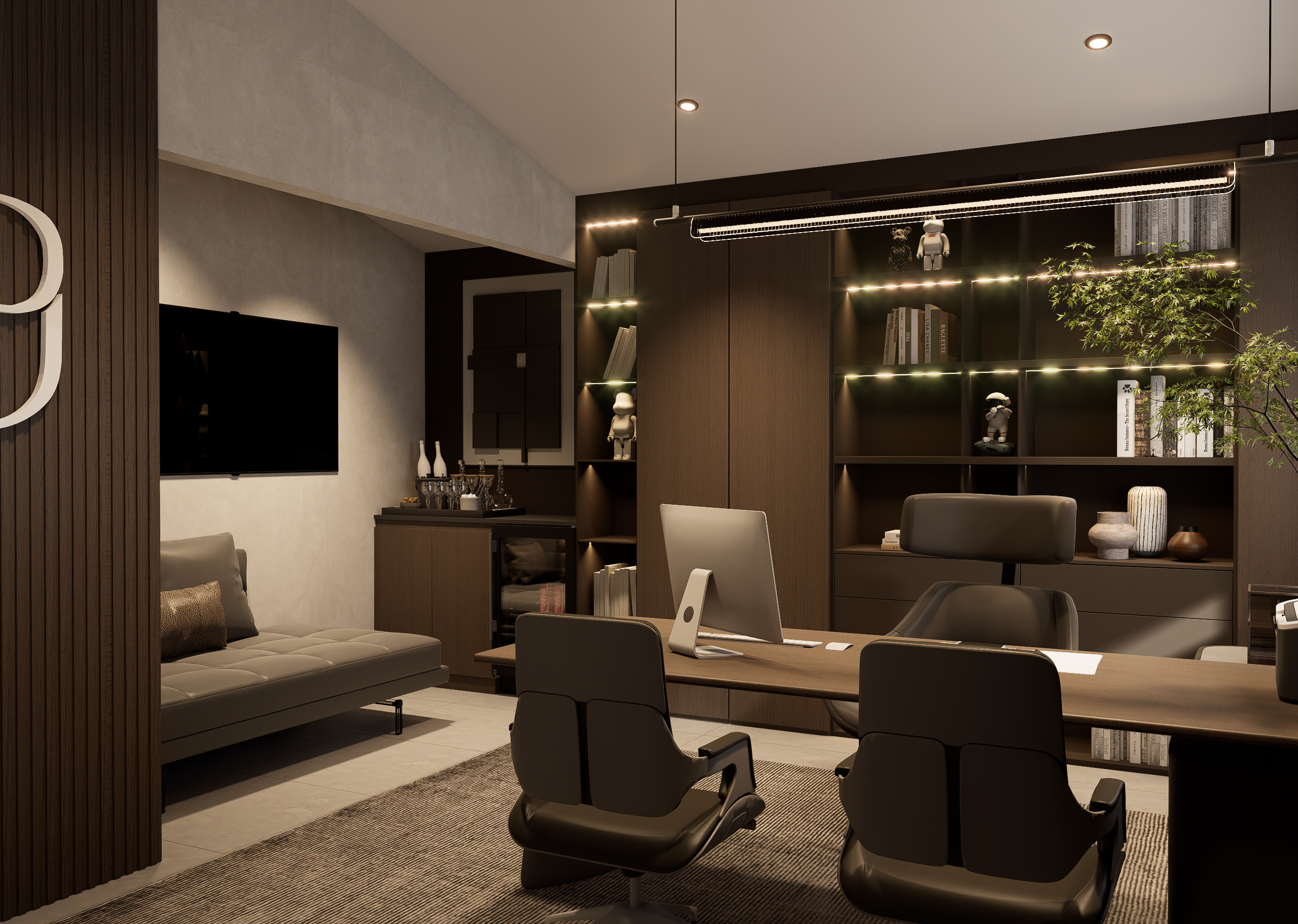 Oficina de consulta con muebles de madera oscura, estantería iluminada y escritorio — Up Clinic