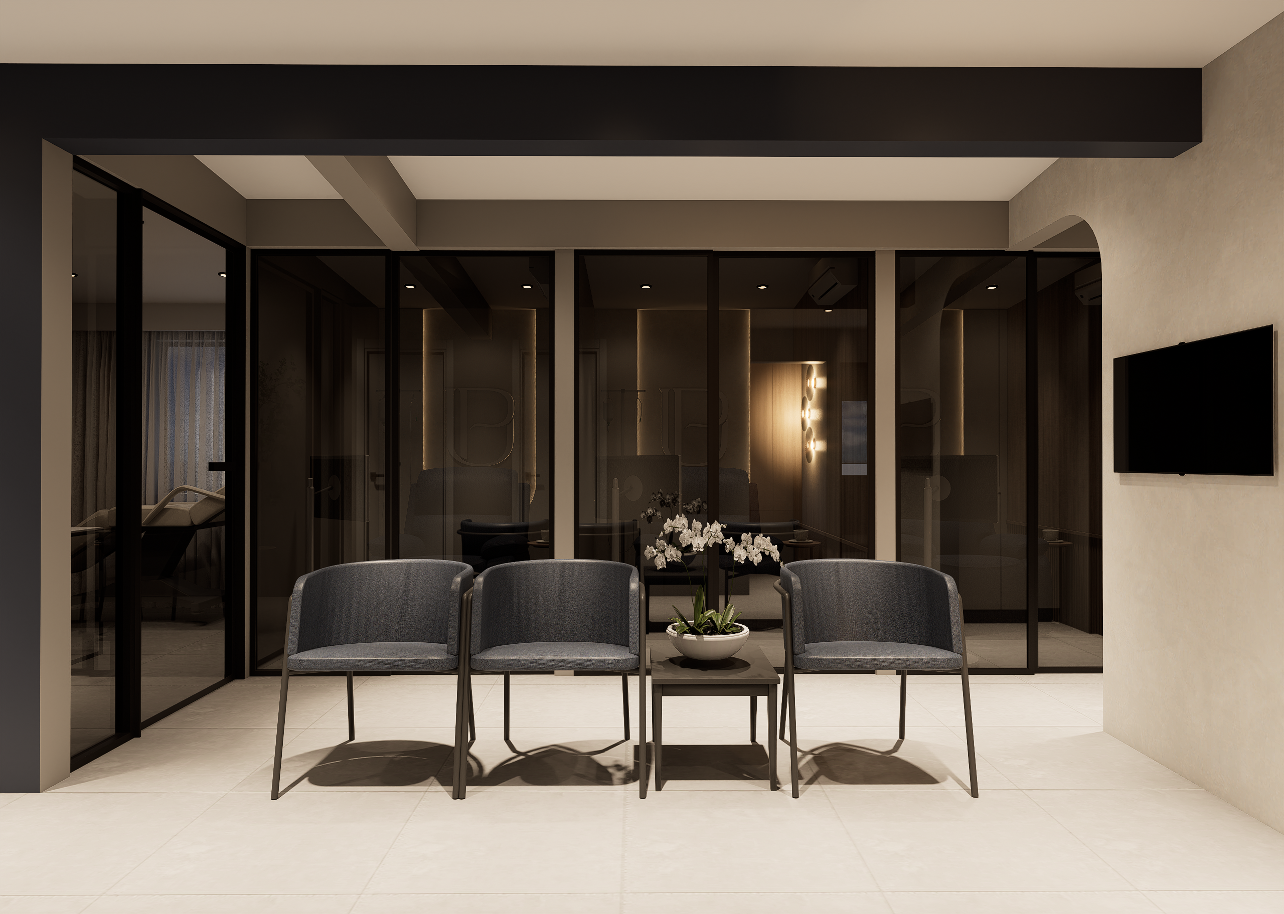 Sala de espera con sillones y orquídeas frente a oficinas de vidrio — Up Clinic