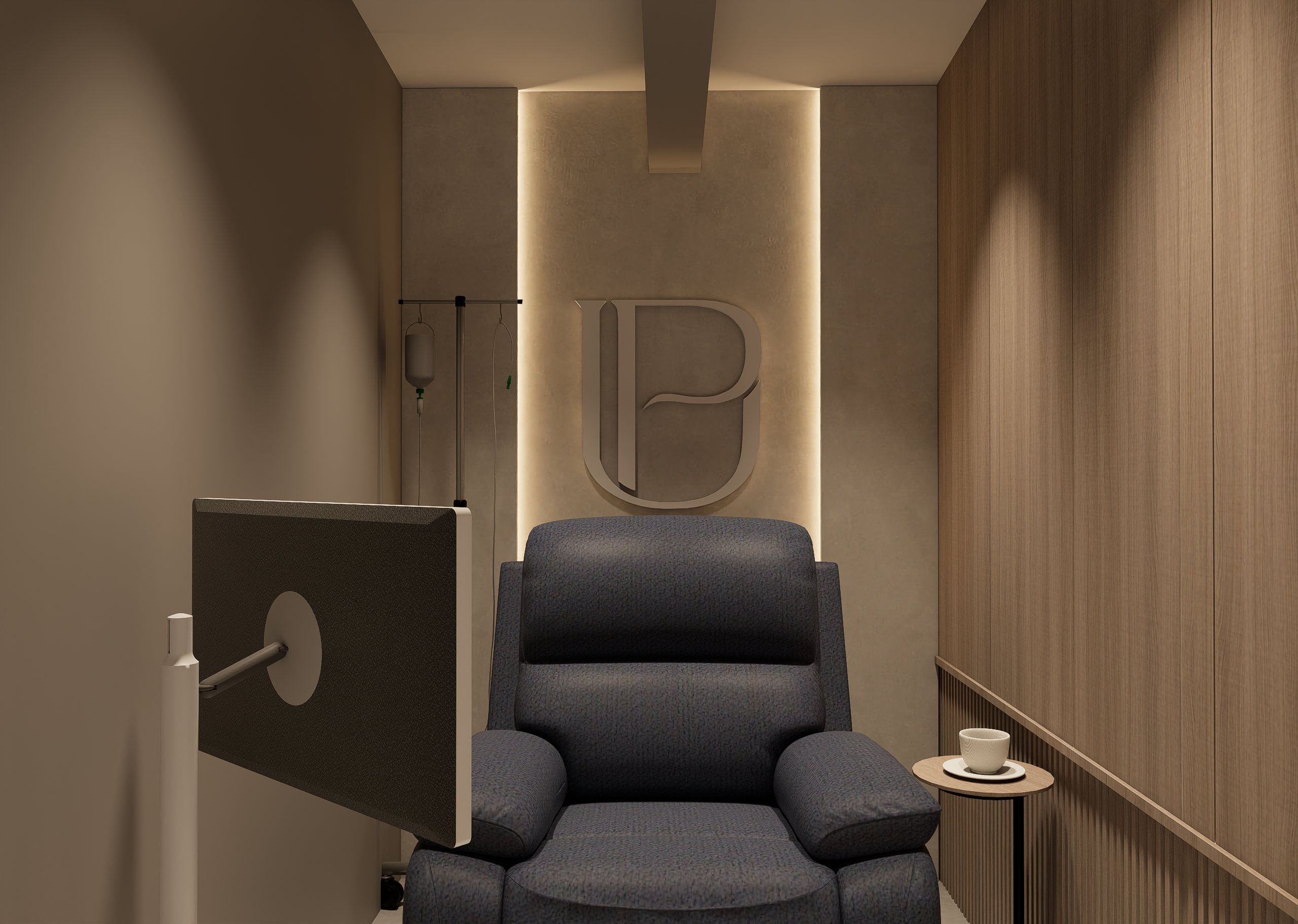 Sala de tratamiento con sillón reclinable y logotipo Up iluminado — Up Clinic
