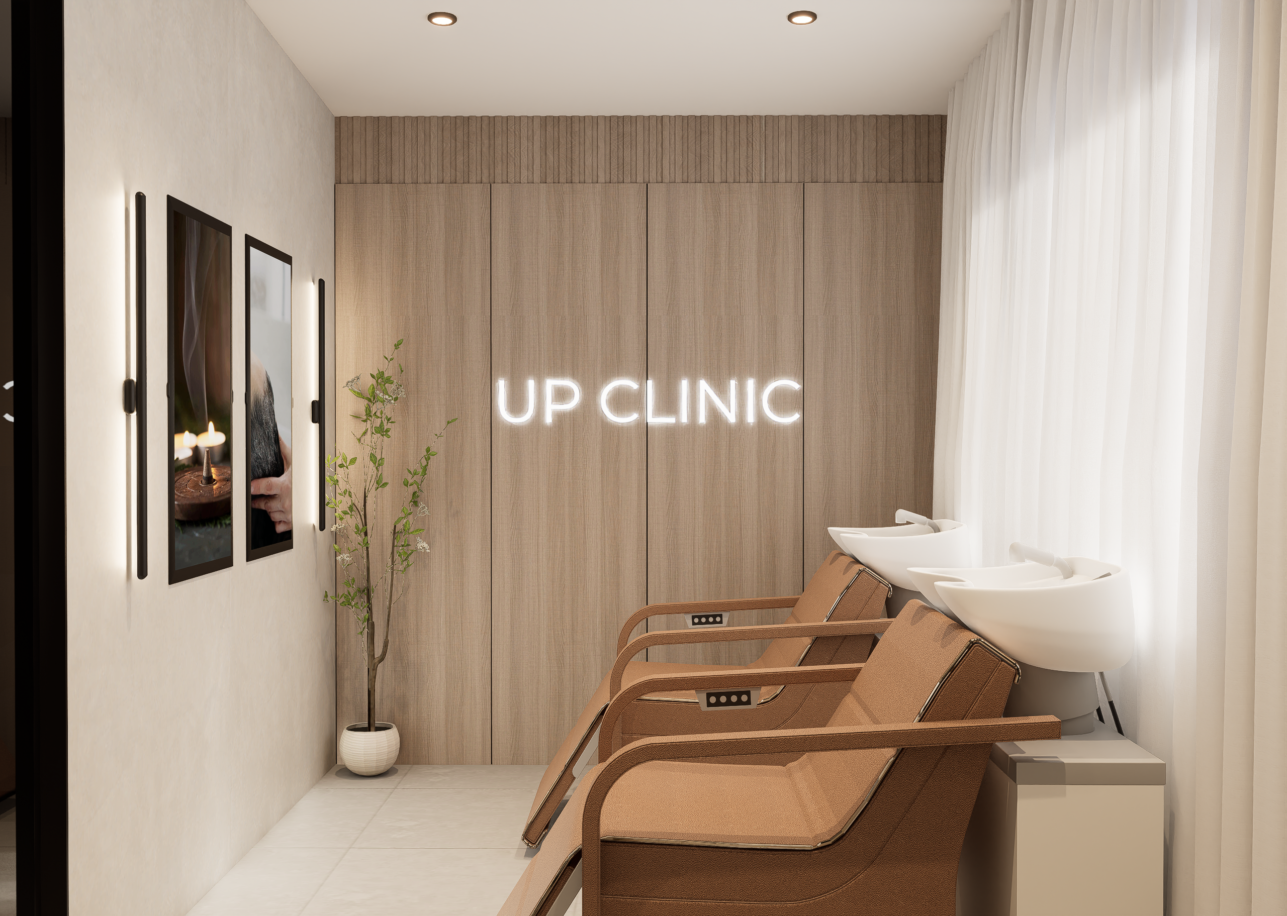 Estación de lavado con rótulo Up Clinic sobre panelado de madera — Up Clinic