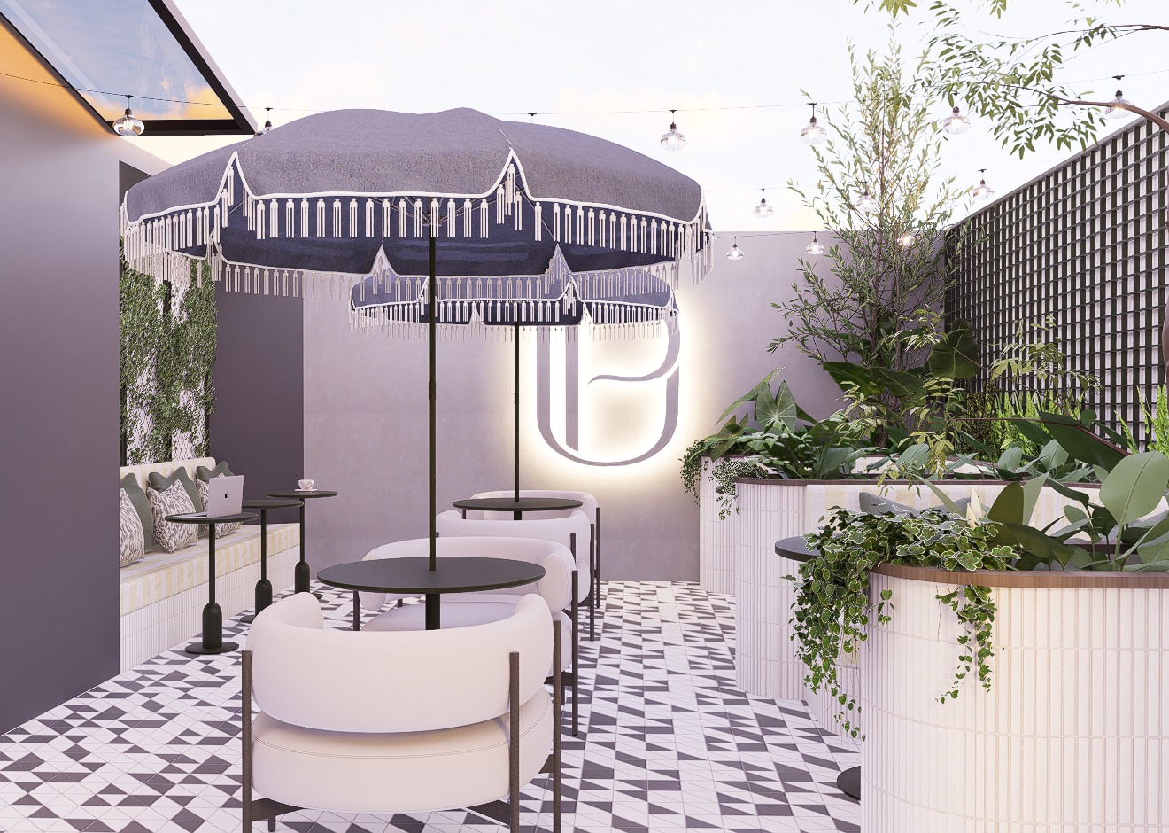 Terraza social en la azotea con sombrillas y piso geométrico — Up Clinic