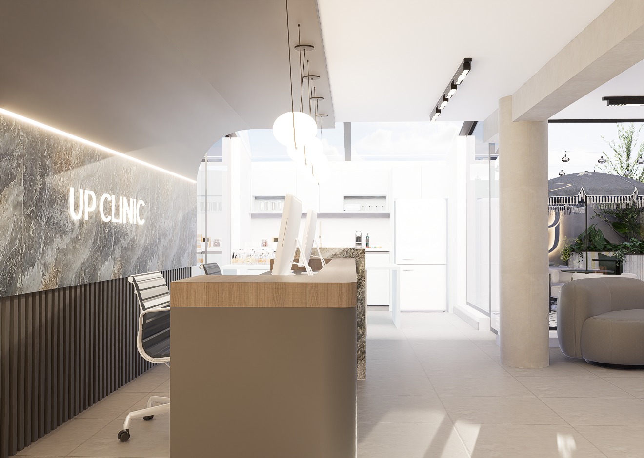 Recepción con mostrador y rótulo iluminado Up Clinic sobre mármol — Up Clinic