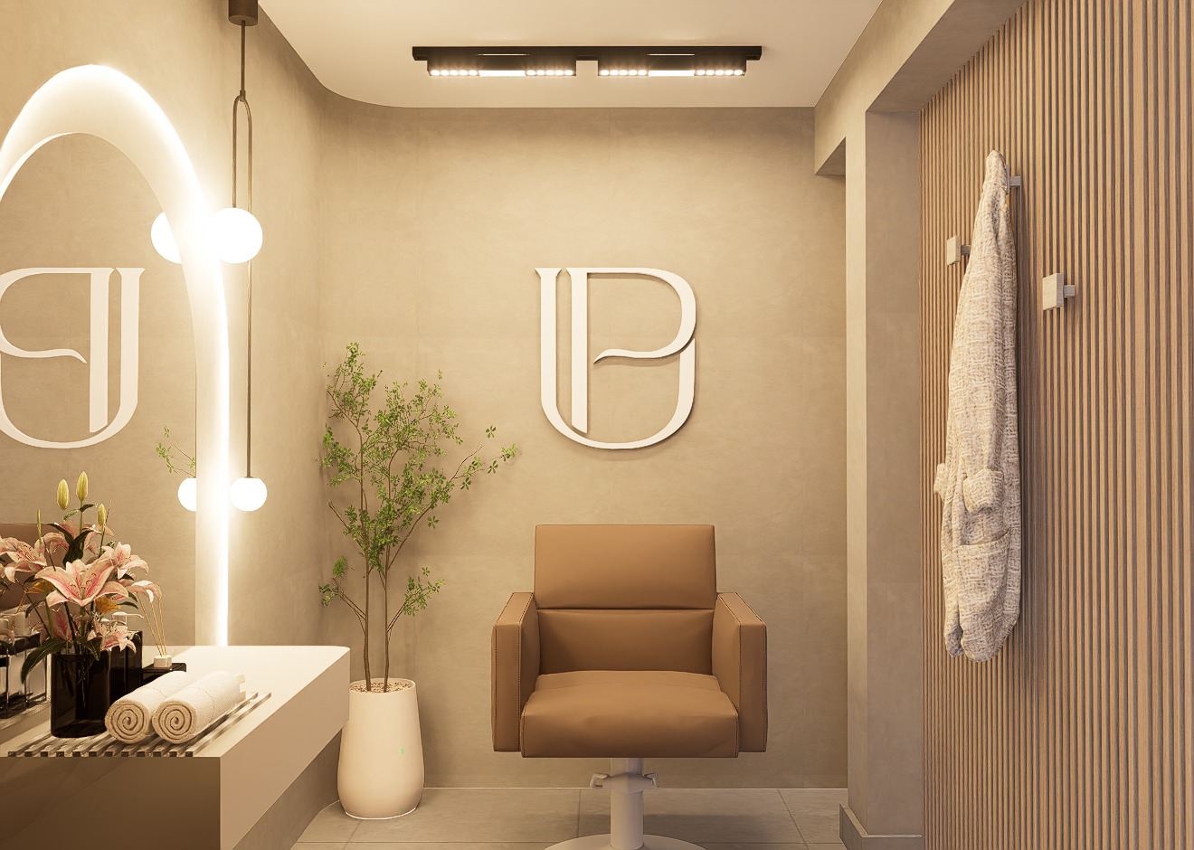 Rincón de tocador con espejo iluminado y logotipo Up — Up Clinic