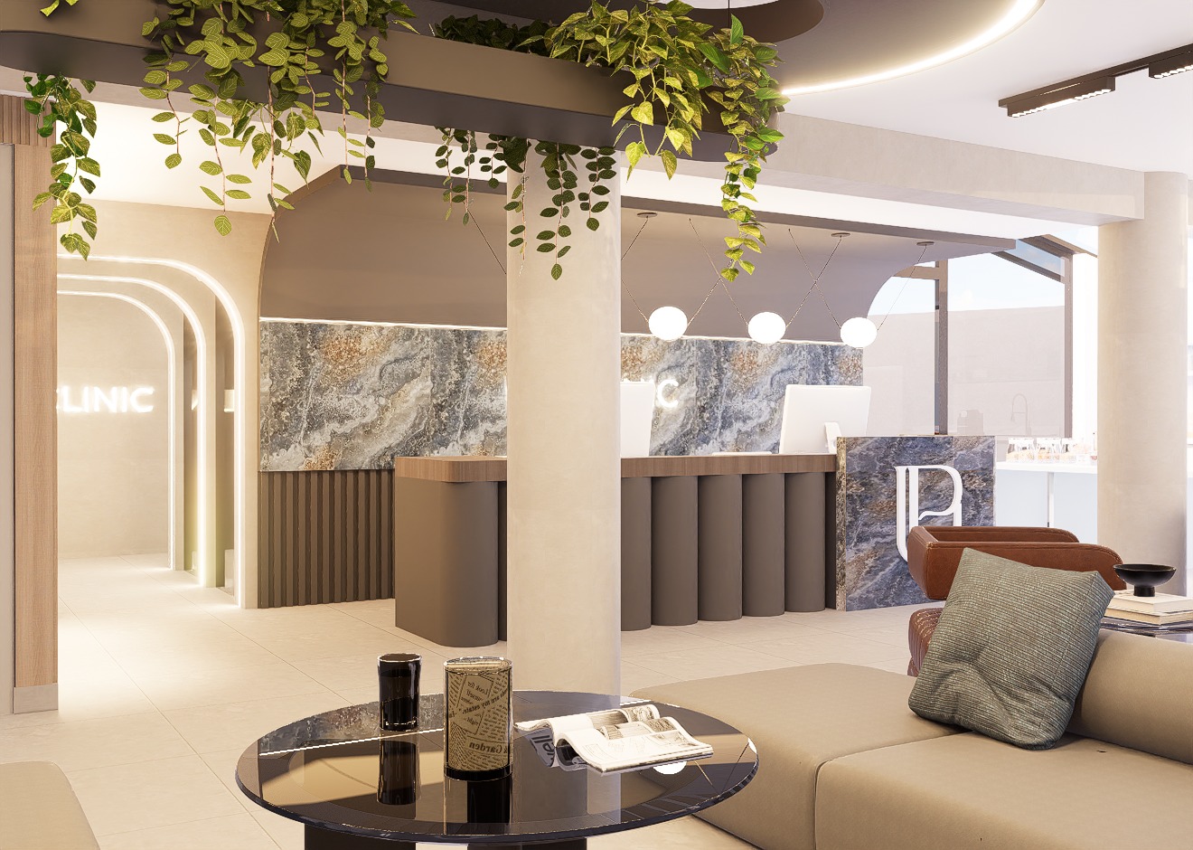 Área de recepción y lounge con arco hacia el pasillo — Up Clinic