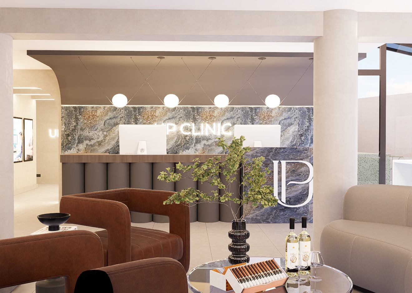 Recepción con mostrador de mármol retroiluminado y lounge — Up Clinic