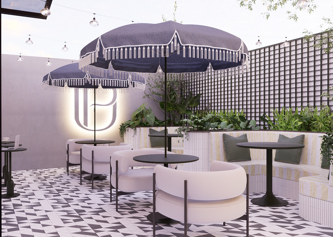 Terraza en la azotea con sombrillas, asientos y logotipo Up iluminado — Up Clinic
